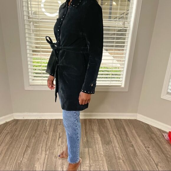 Express Vintage Suede Leather Studded Belted Trench Coat Jacket - Picture 7 of 10